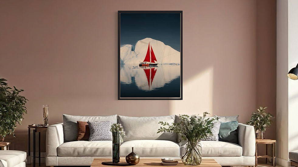 Thumbnail: Framed print of a sailboat with red sails, hanging over a sofa