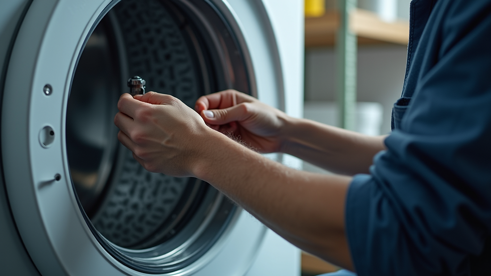 Close-up view of a technician’s hands repairing a washing machine