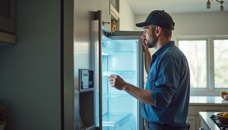 Eye-level view of a refrigerator technician inspecting a fridge in a Houston kitchen