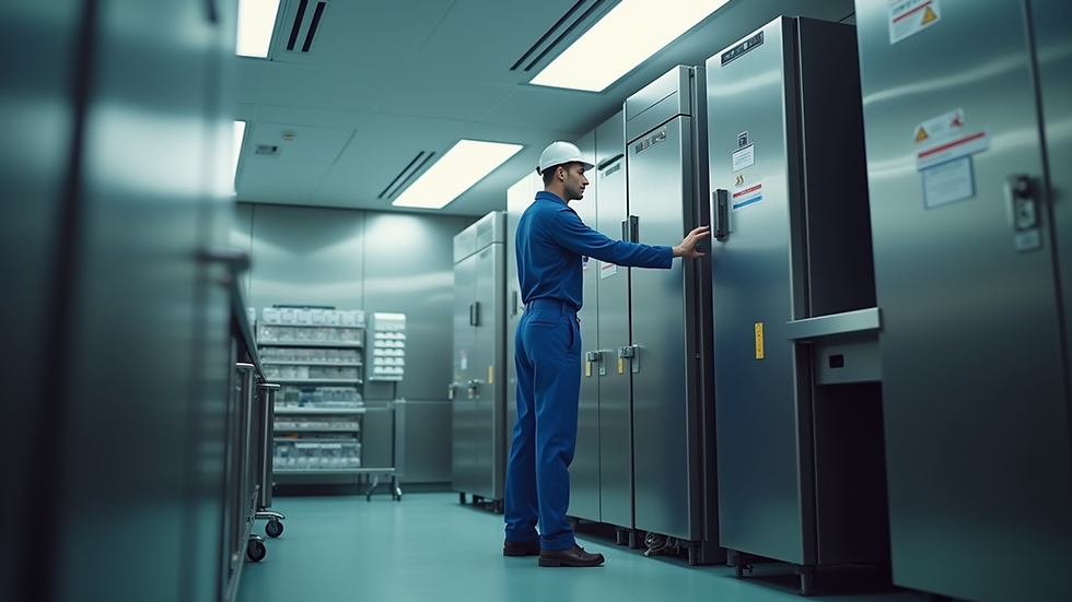Eye-level view of a technician inspecting a refrigerator in a kitchen