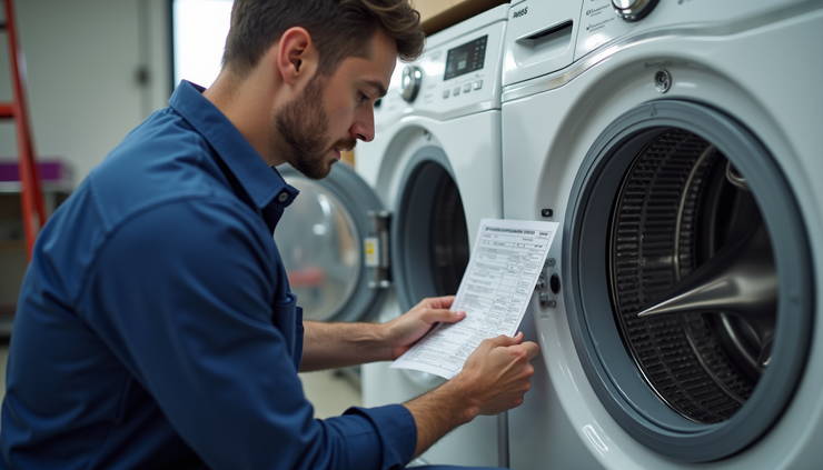 Close-up view of a technician repairing a washing machine with warranty documents on the side