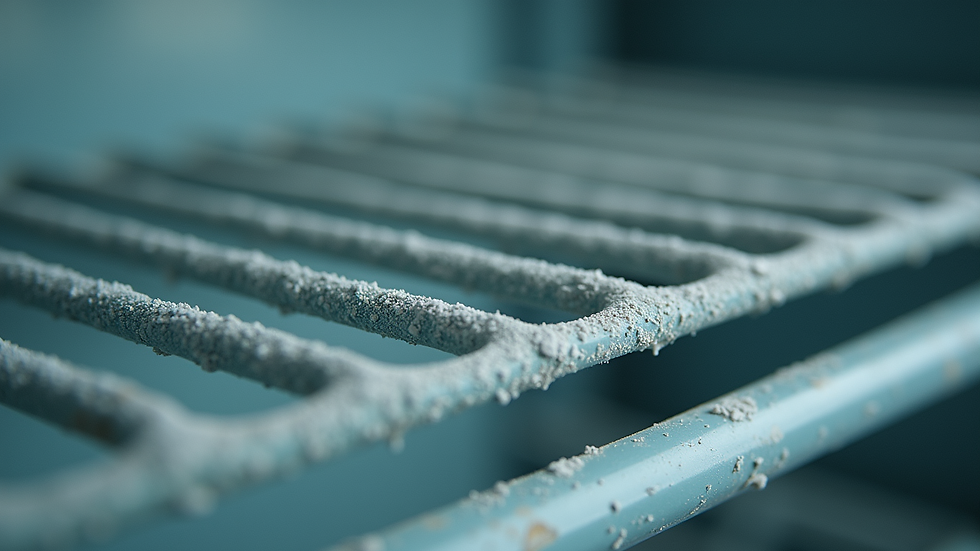 Close-up view of a refrigerator coil covered in dust