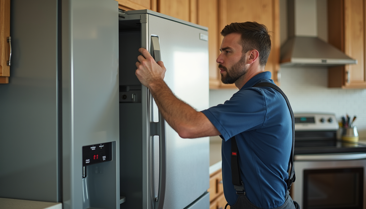 Eye-level view of a certified appliance repair technician fixing a refrigerator in a Texas home