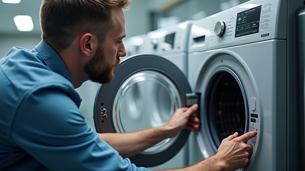 Eye-level view of a washing machine technician inspecting a front-load washer