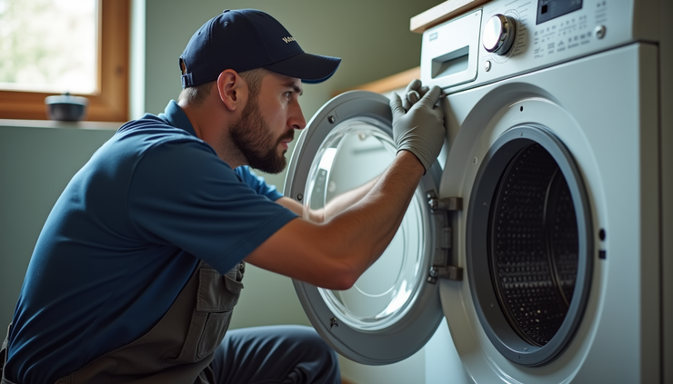 Close-up view of a technician performing same day washer repair in a Texas laundry room