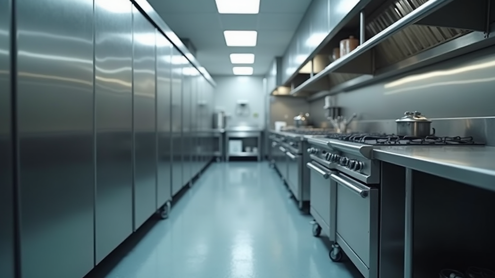 Eye-level view of a commercial kitchen with stainless steel appliances
