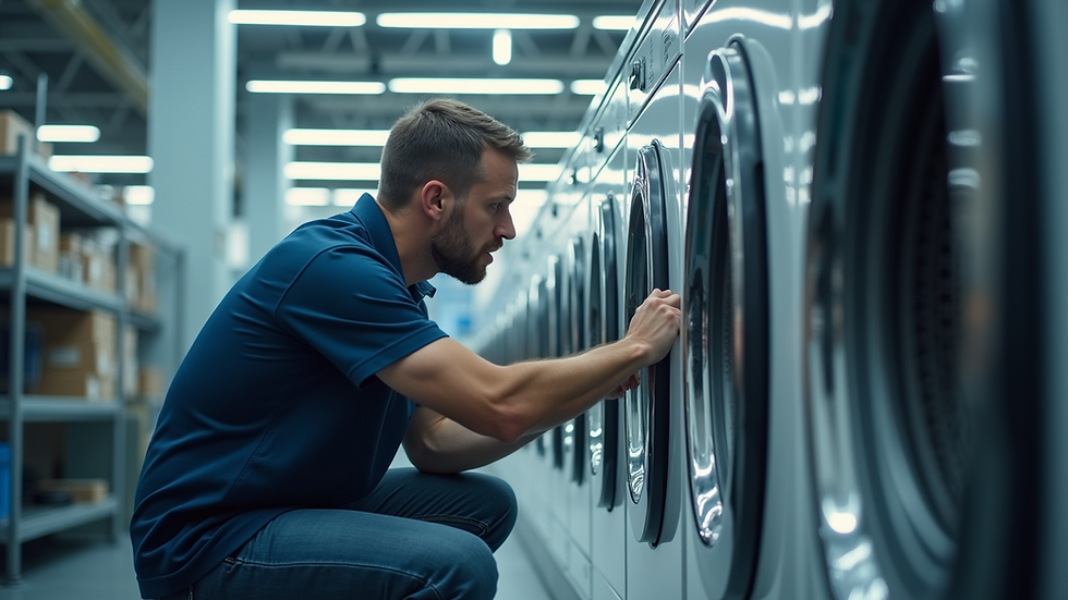 Eye-level view of a technician inspecting a washing machine