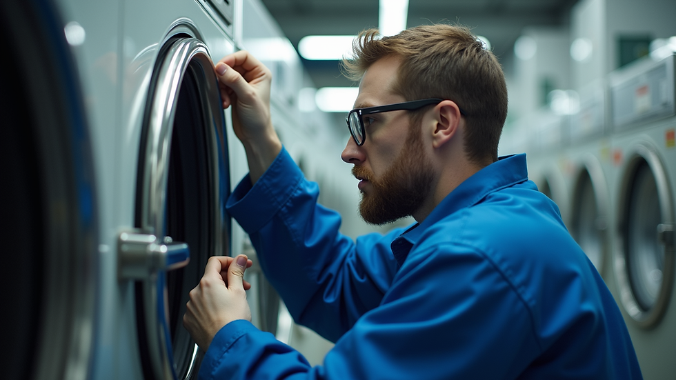 Eye-level view of a technician inspecting a dryer