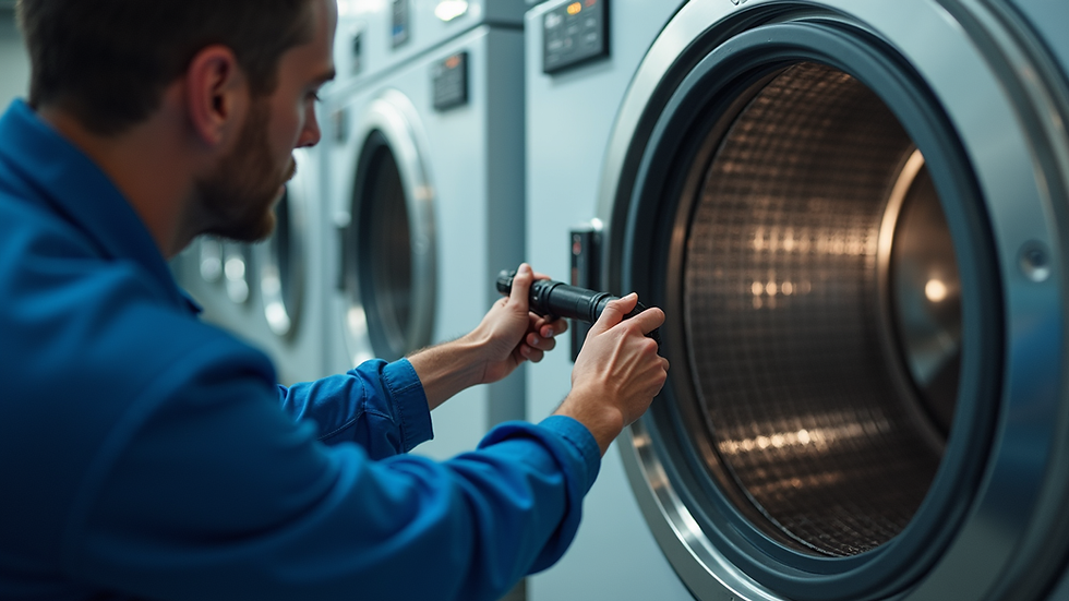 Eye-level view of a technician inspecting a dryer drum inside