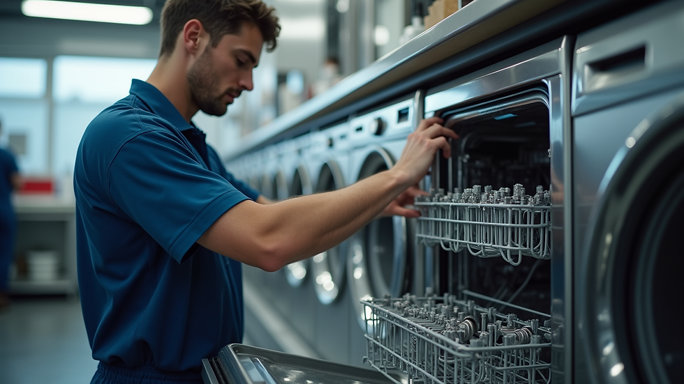 Close-up view of a technician repairing a dishwasher