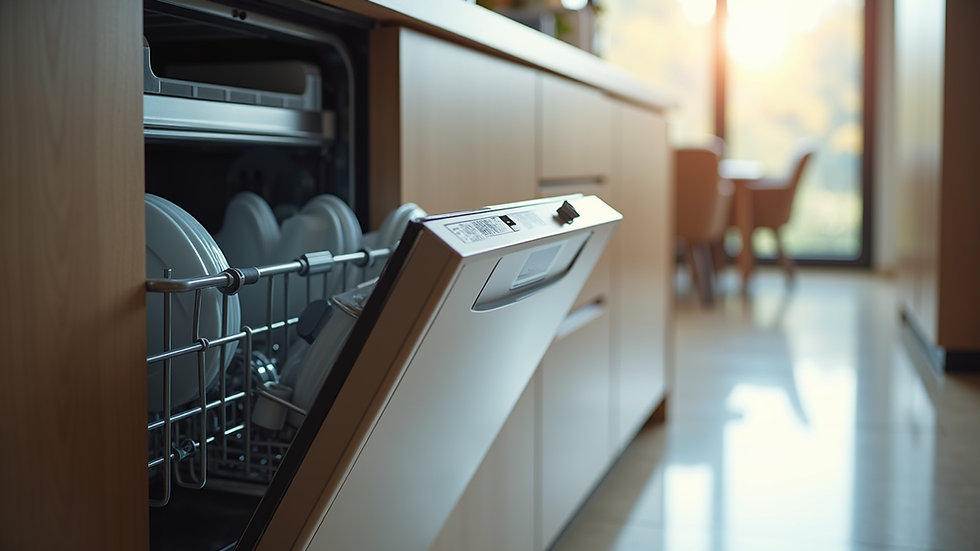 Eye-level view of a dishwasher door open in a modern kitchen