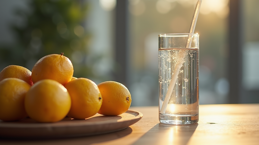 Eye-level view of a glass of water and fresh fruits on a wooden table