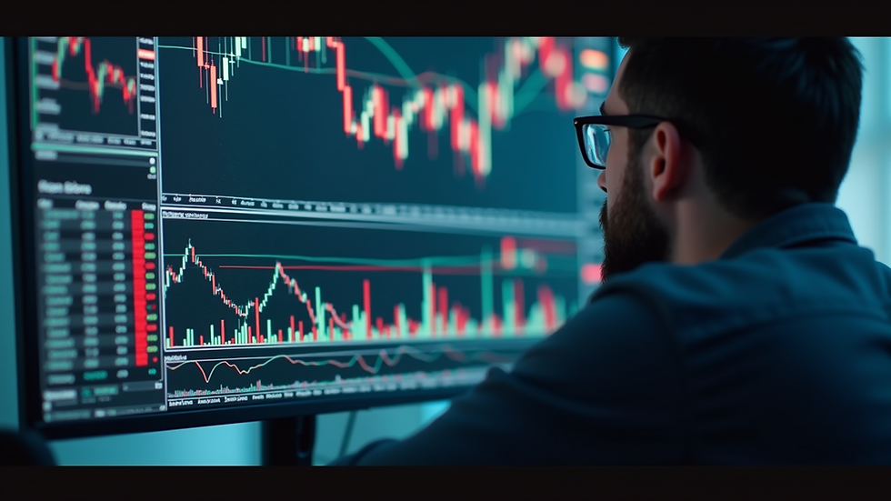 Close-up view of a trader analyzing forex charts with multiple indicators