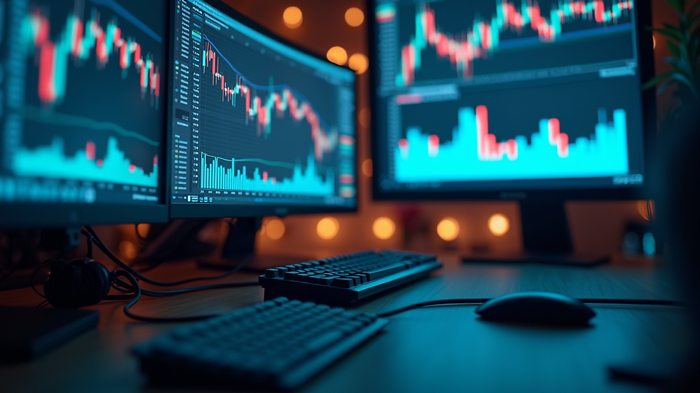 Close-up view of a trading desk with multiple monitors showing charts