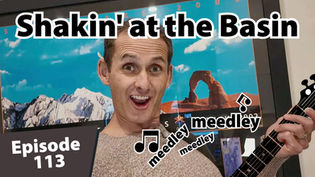 Matt Dayton smiling enthusiastically in front of a colorful mountain and desert landscape poster, holding a cartoon banjo neck with playful musical notes and the word "meedley" around him. Bold text at the top reads “Shakin’ at the Basin,” and “Episode 113” appears in the corner.