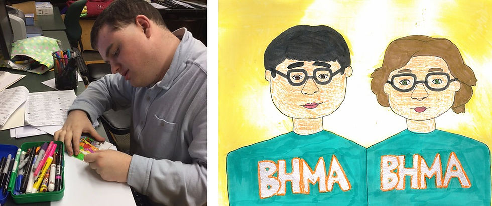 Image of Pat drawing with markers, next to an image he drew and colored of two students wearing BHMA sweatshirts.