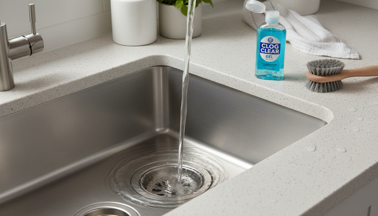 Overhead view of water draining smoothly in a clean kitchen sink