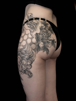 Foo Dog Thigh Tattoo