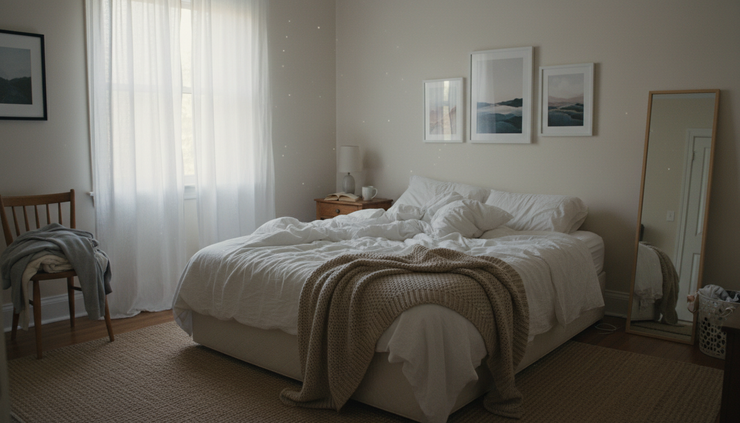 Wide-angle view of an unmade bed and soft morning light in a quiet bedroom.