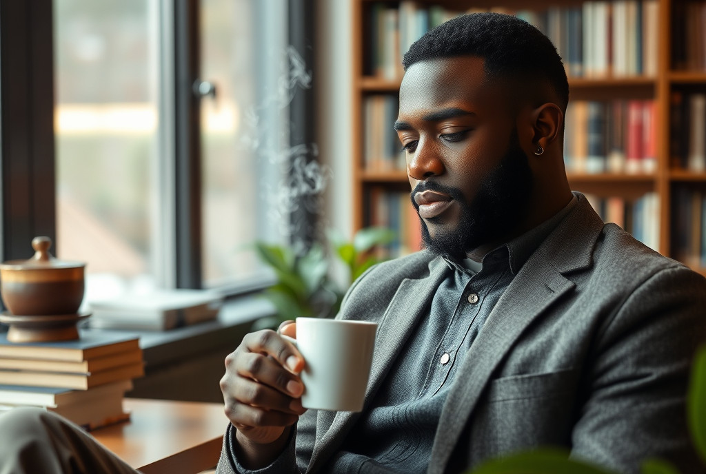 Eye-level view of a person sitting quietly by a window with a warm drink.