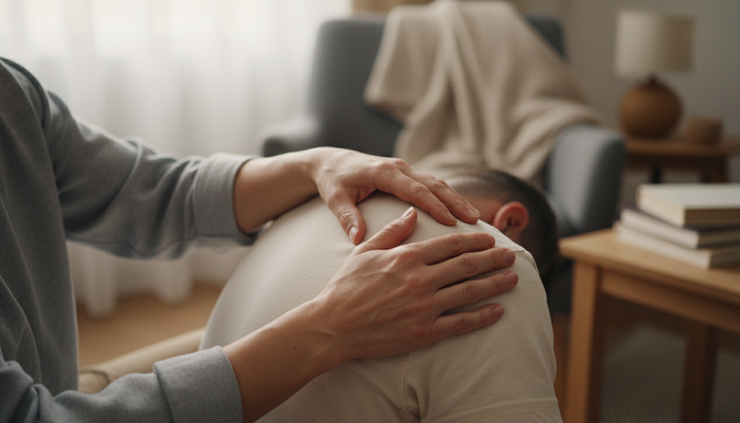 Close-up of hands gently resting on a tense shoulder.