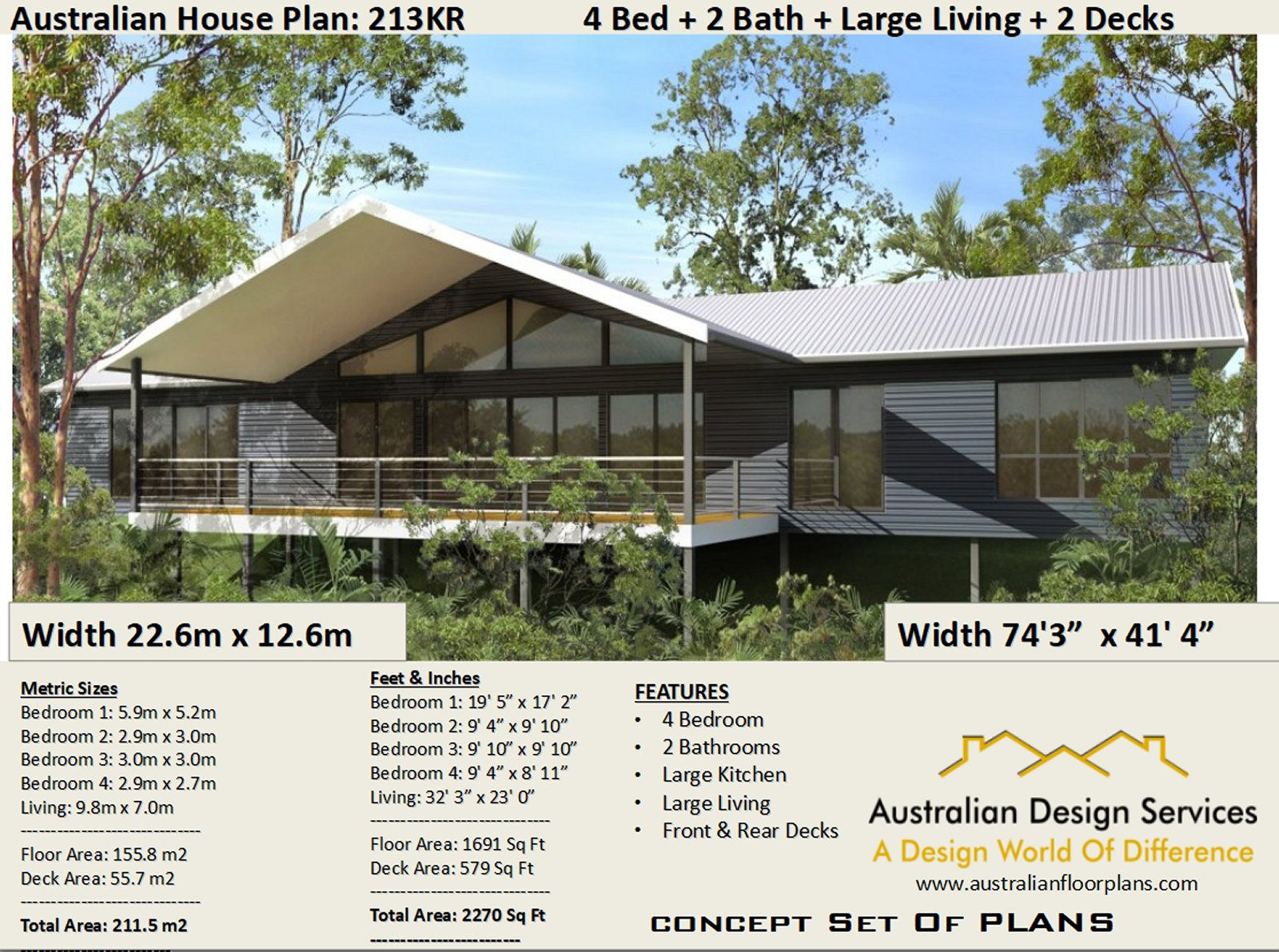 4 Bed Pole Home House Plan 213KR  : 211.5 m2 or 2270 Sq Feet
