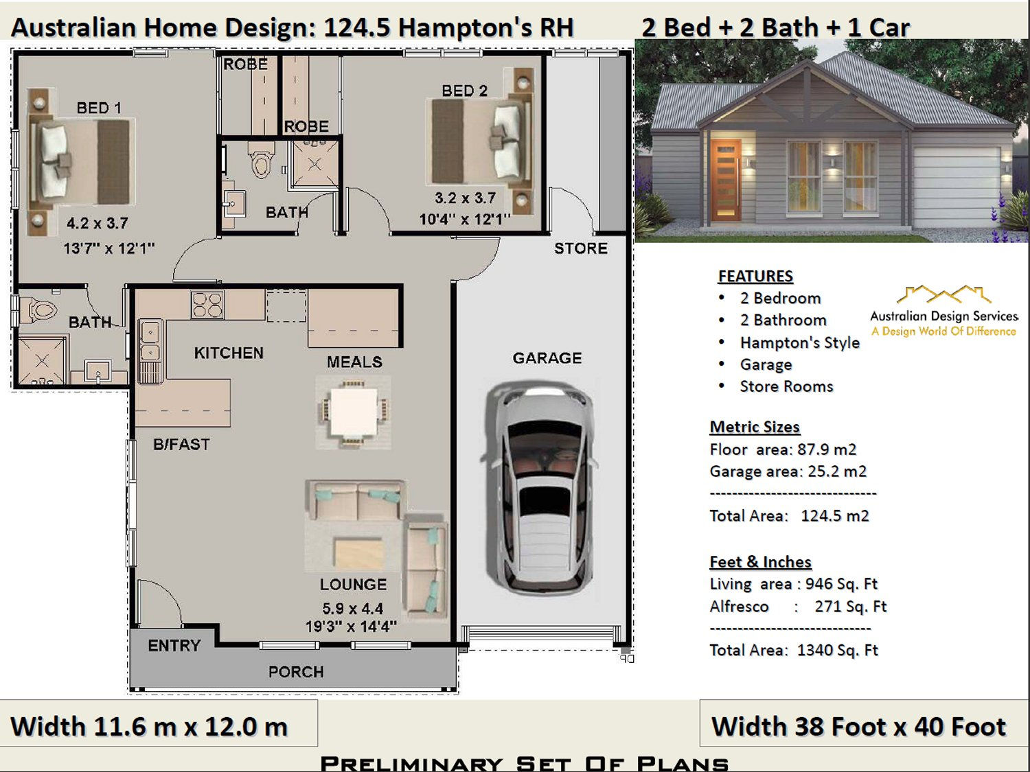 124 CLM-2 Bed + 2 Bath + Garage:193.07 m2 | Preliminary House Plan Set
