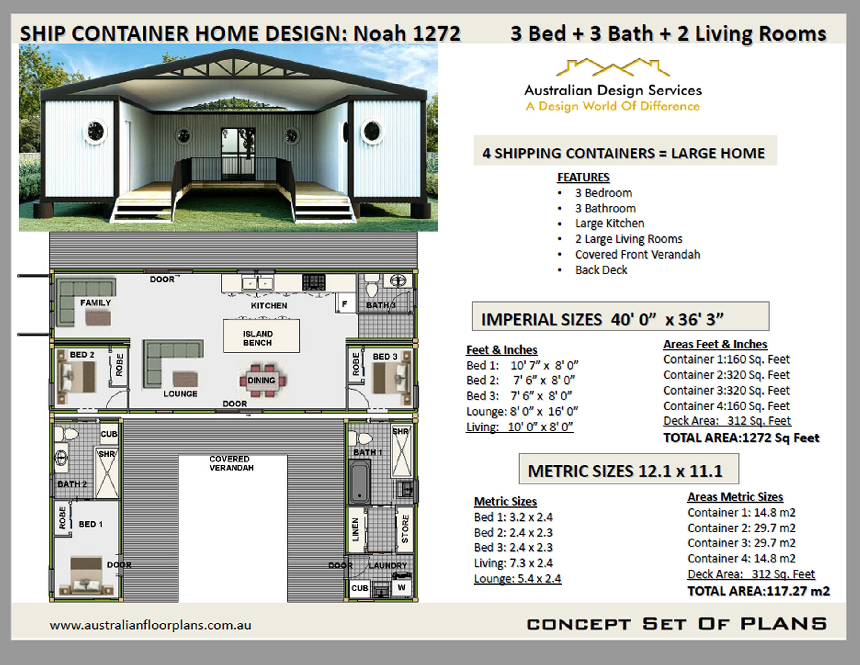Shipping Container Home plans: 3 Bed 3 Bath | 1272 NOAH