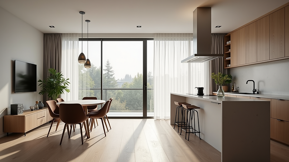 Eye-level view of a modern open-plan living and kitchen area