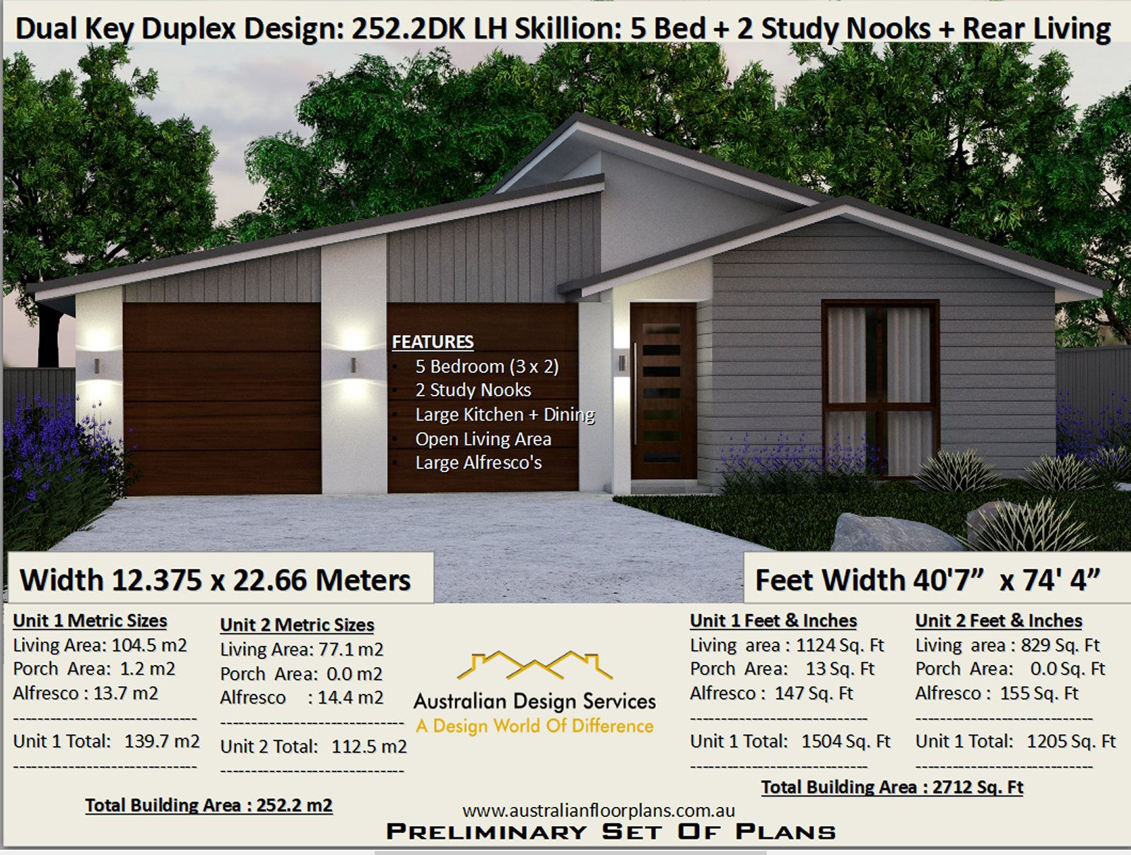 House Plans Duplex Dual Key 252.2DKLH Skillion Roof 5 Bed + 3 Bath + 2 Study