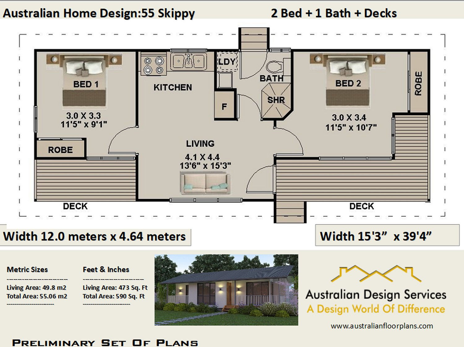 55 Skippy | 2 Bed House Plan- 55.0 m2 | Preliminary House Plan Set-4 Sale
