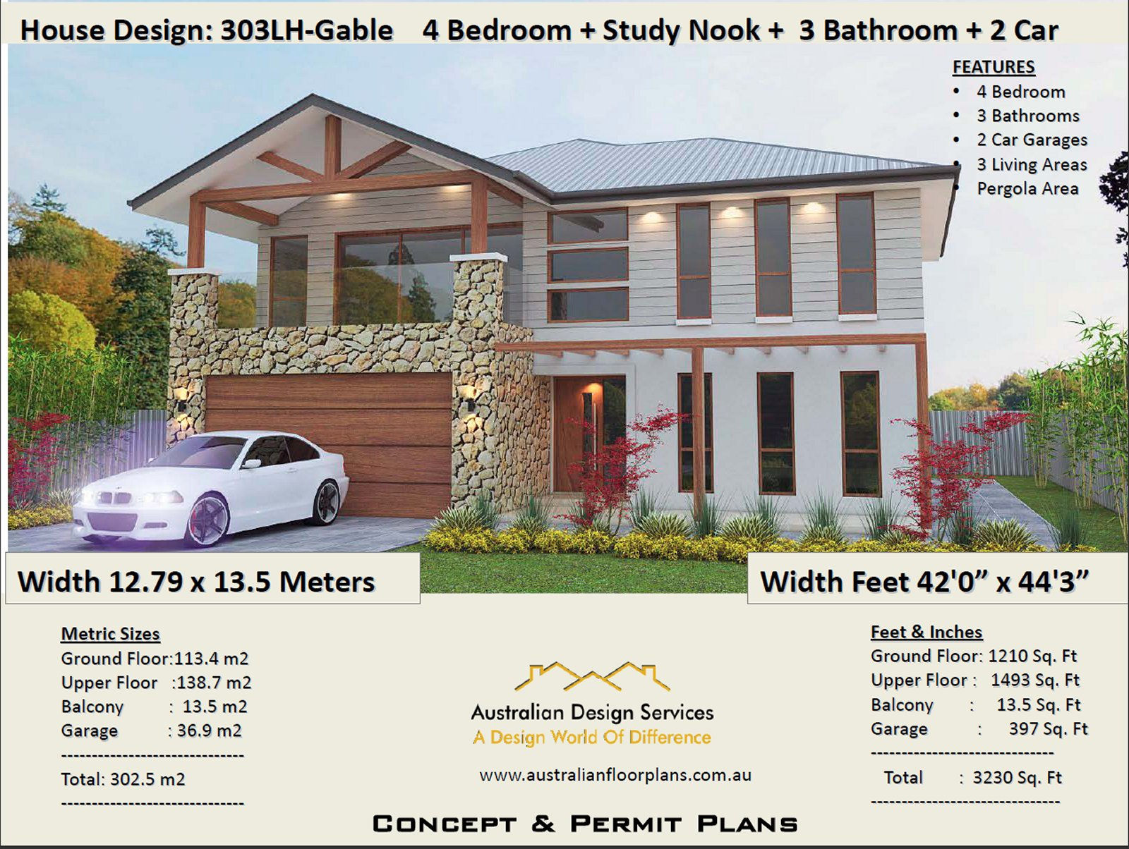 2 Storey House Plan 303 LH | Ranch 2 Storey 4 Bed+Study: 302.5 m2 | 3230 Sq Foot