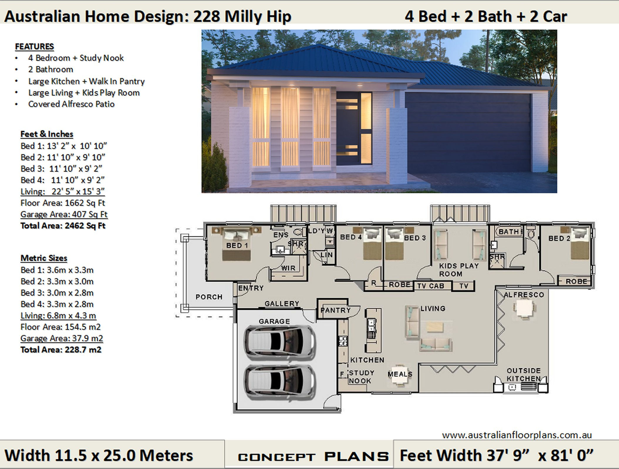 Narrow Lot Modern 4 bedroom house plans | 228 Milly Hip