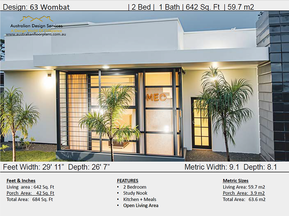 Thumbnail: 59.7 m2 | 642 Sq Ft | House Plan | 2 Bed | 1 Bath | 63.6 Womba Plan Construction