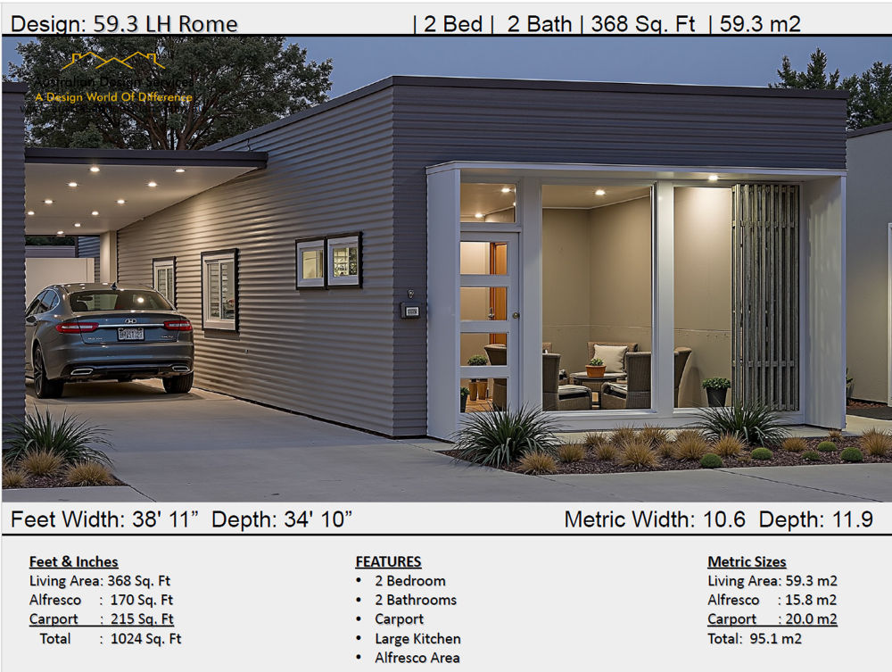59.3 m2 | 368 Sq Ft | 2 Bed | 2 Bath | 59.3 LH- Rome House Plan Set