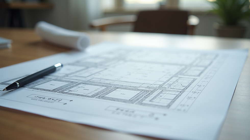 High angle view of blueprint and architectural plans on table