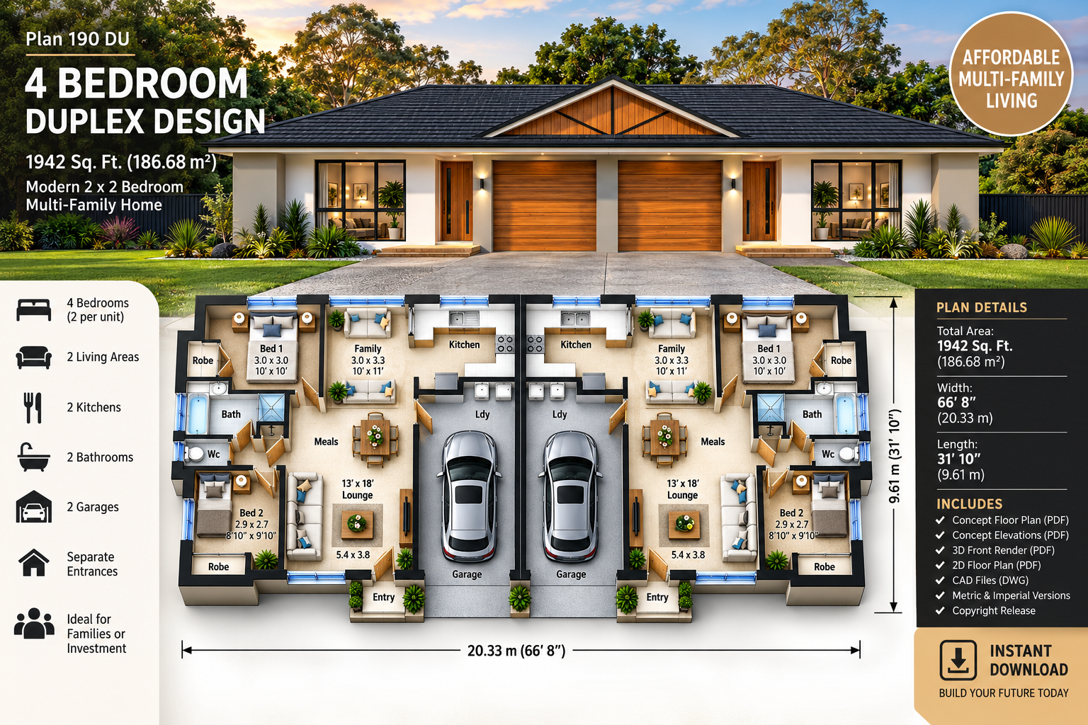 Modern 4 Bedroom Duplex House Plan – Plan 190 DU