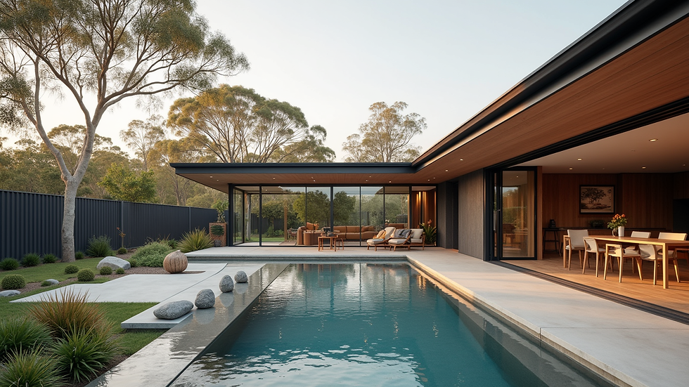 Wide angle view of a modern Australian home with open-plan living and outdoor deck