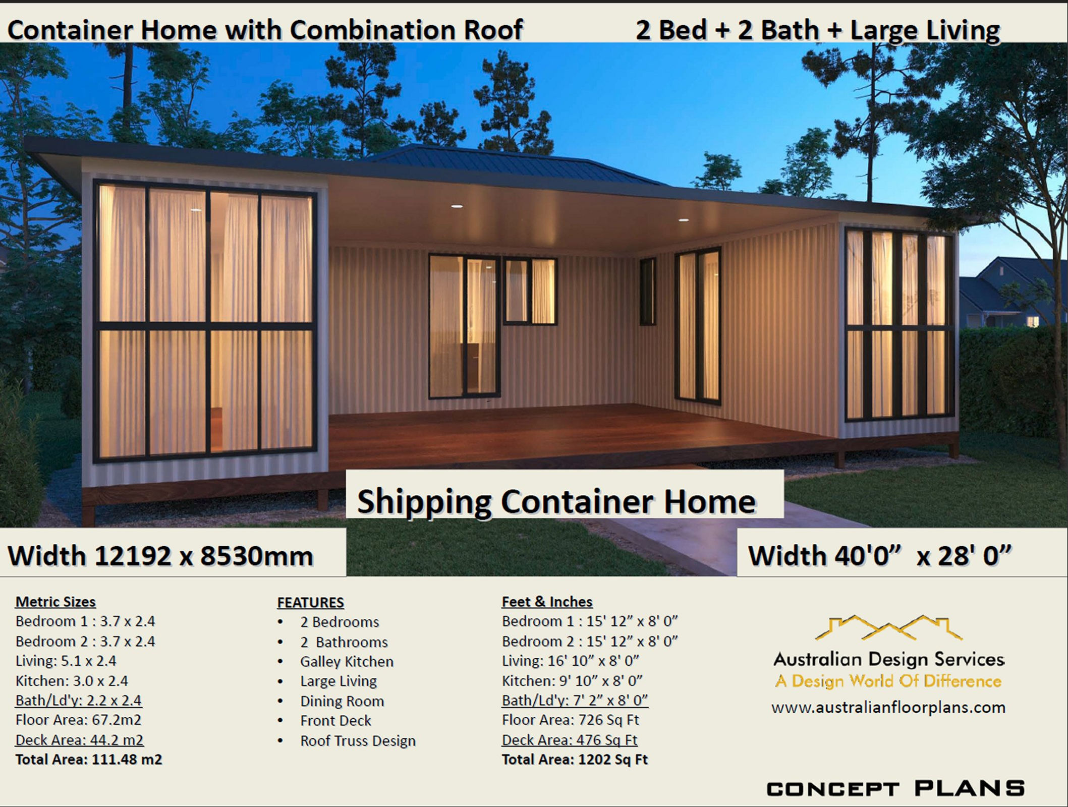 Shipping Container Home plans:1200 Sq Foot Combination Roof  | Concept Home Plan