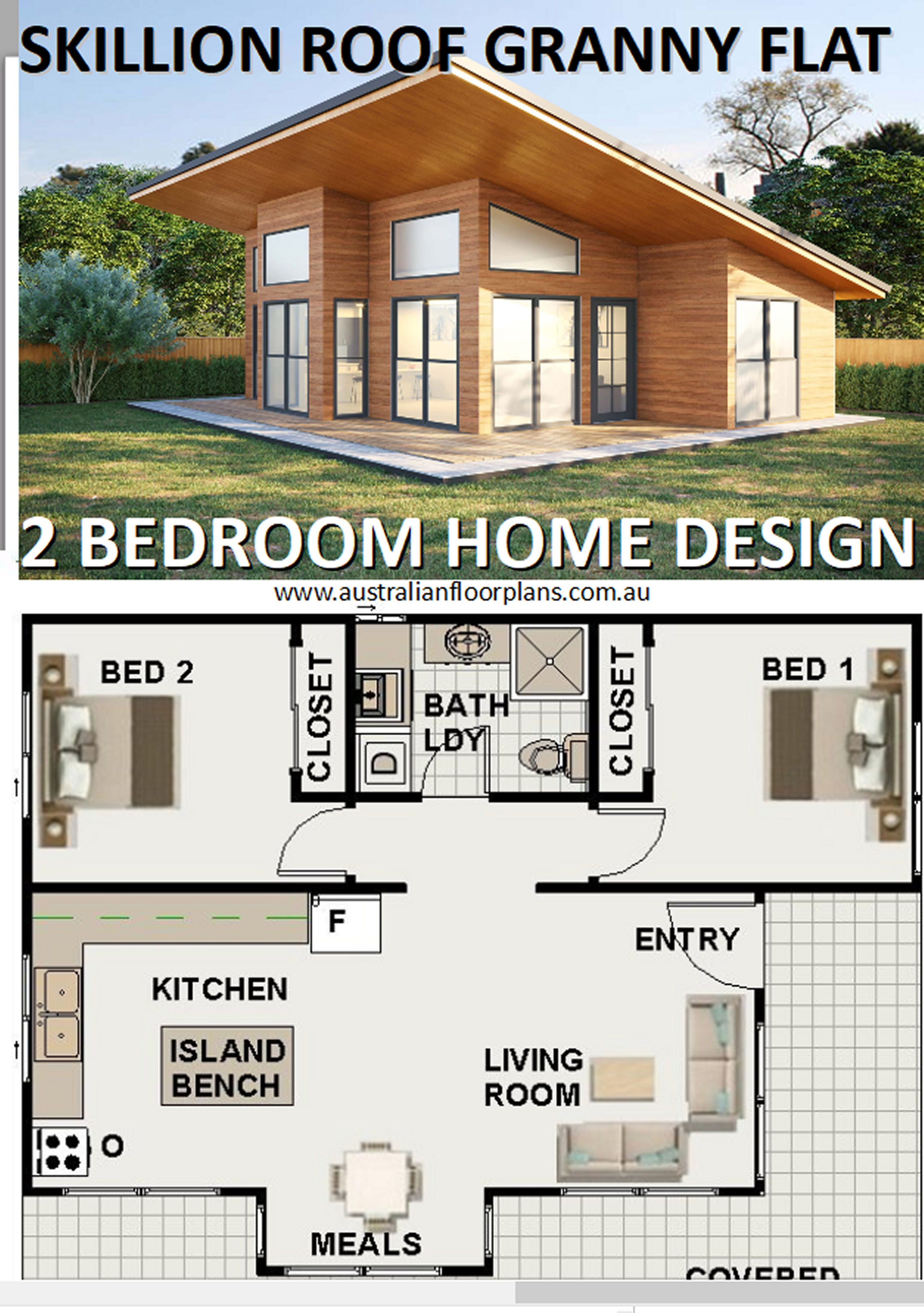 Modern Skillion Roof House Plan – 2 Bed | 1 Bath | 62 m² (670 sq. ft.)