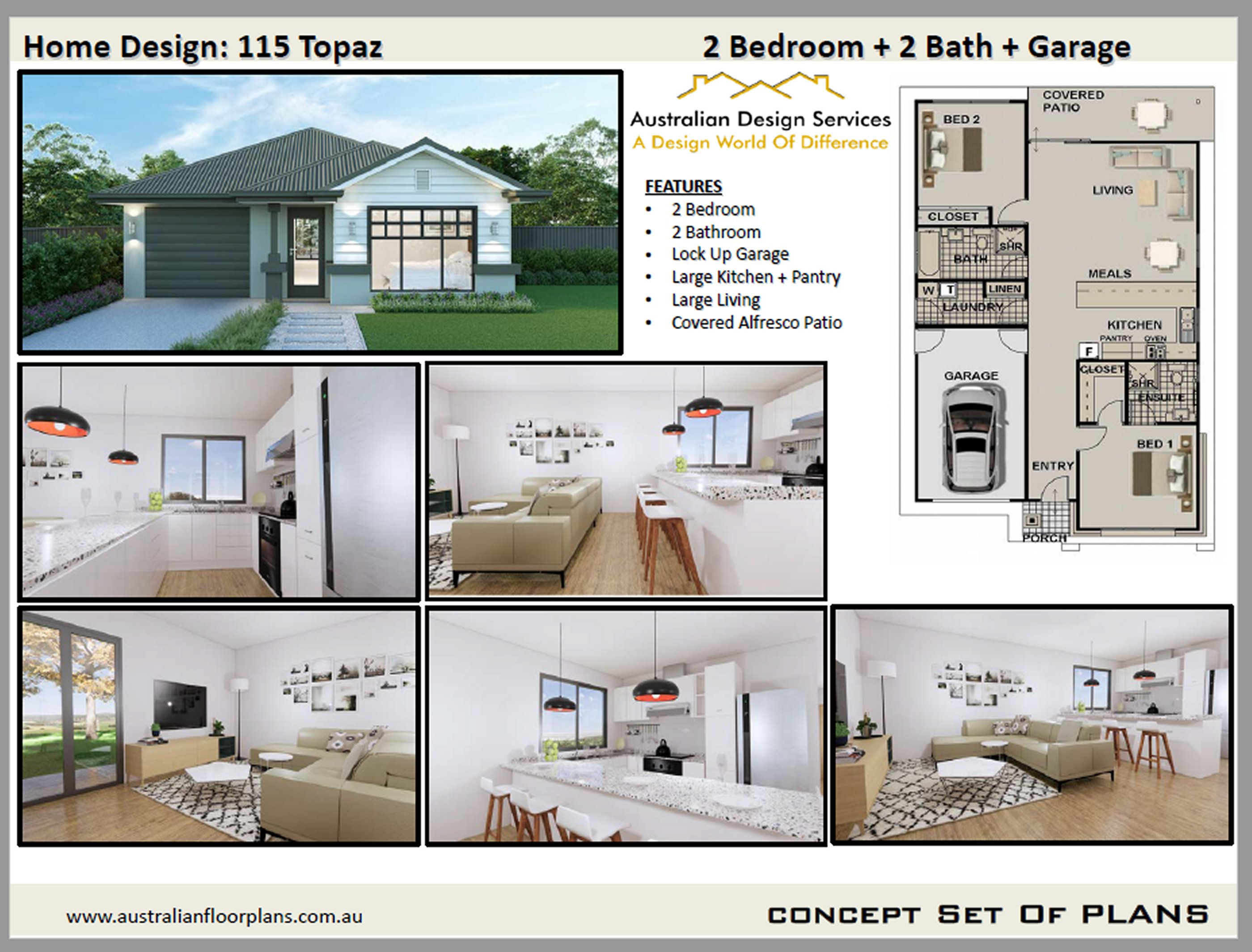 Small House Plan 2 Bedroom + 2 Bath :115 Topaz LH | Concept House Plan Set