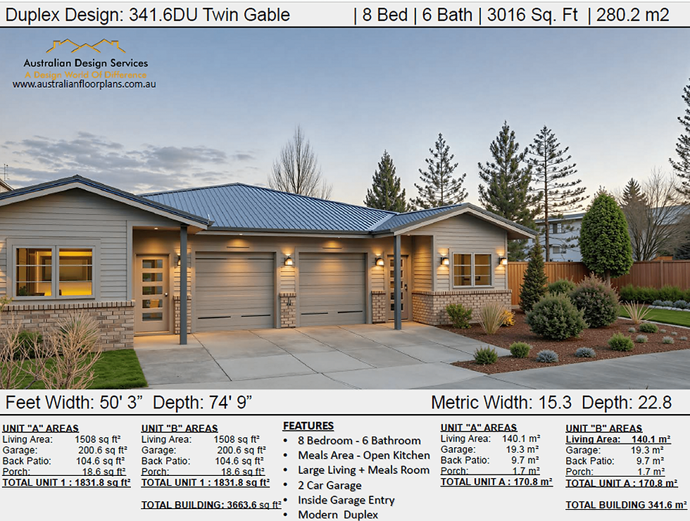 Thumbnail: Federation Duplex Design: 341.6DU Twin Gable  | 8 Bed | 6 Bath | Cape Cod style