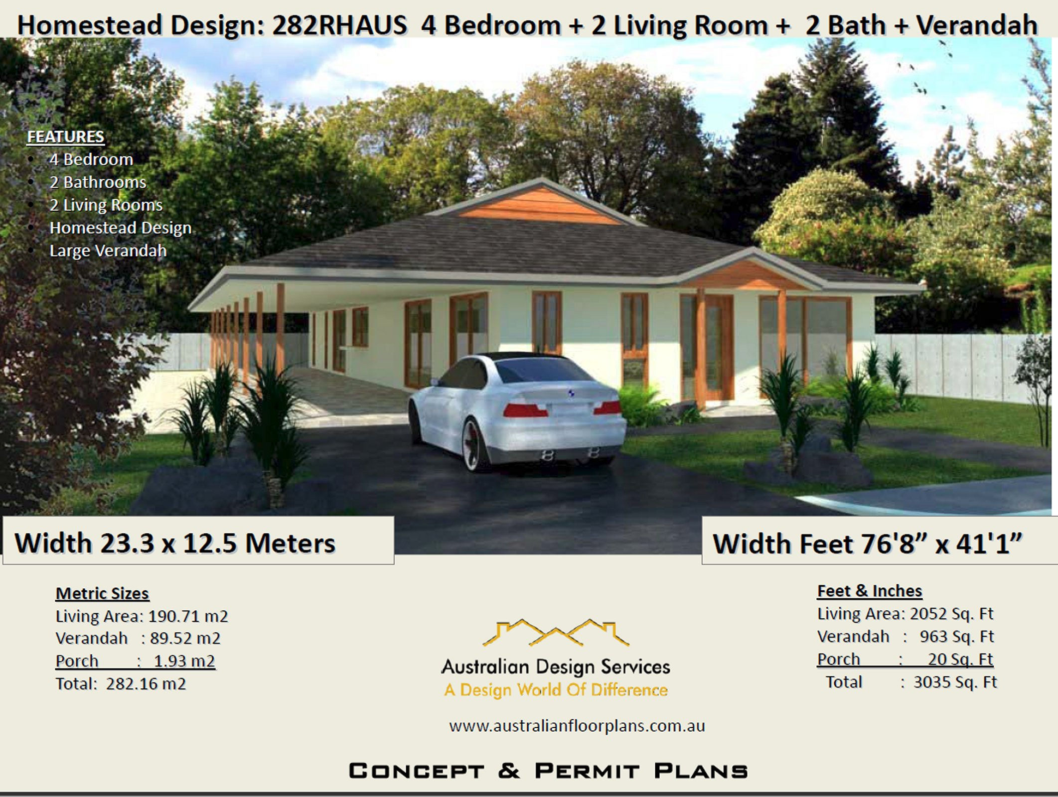 282 AUS Homestead - 4 Bed + 2 Bath : 282.16 m2 (3035 Sq. Foot) |House Plan Shop