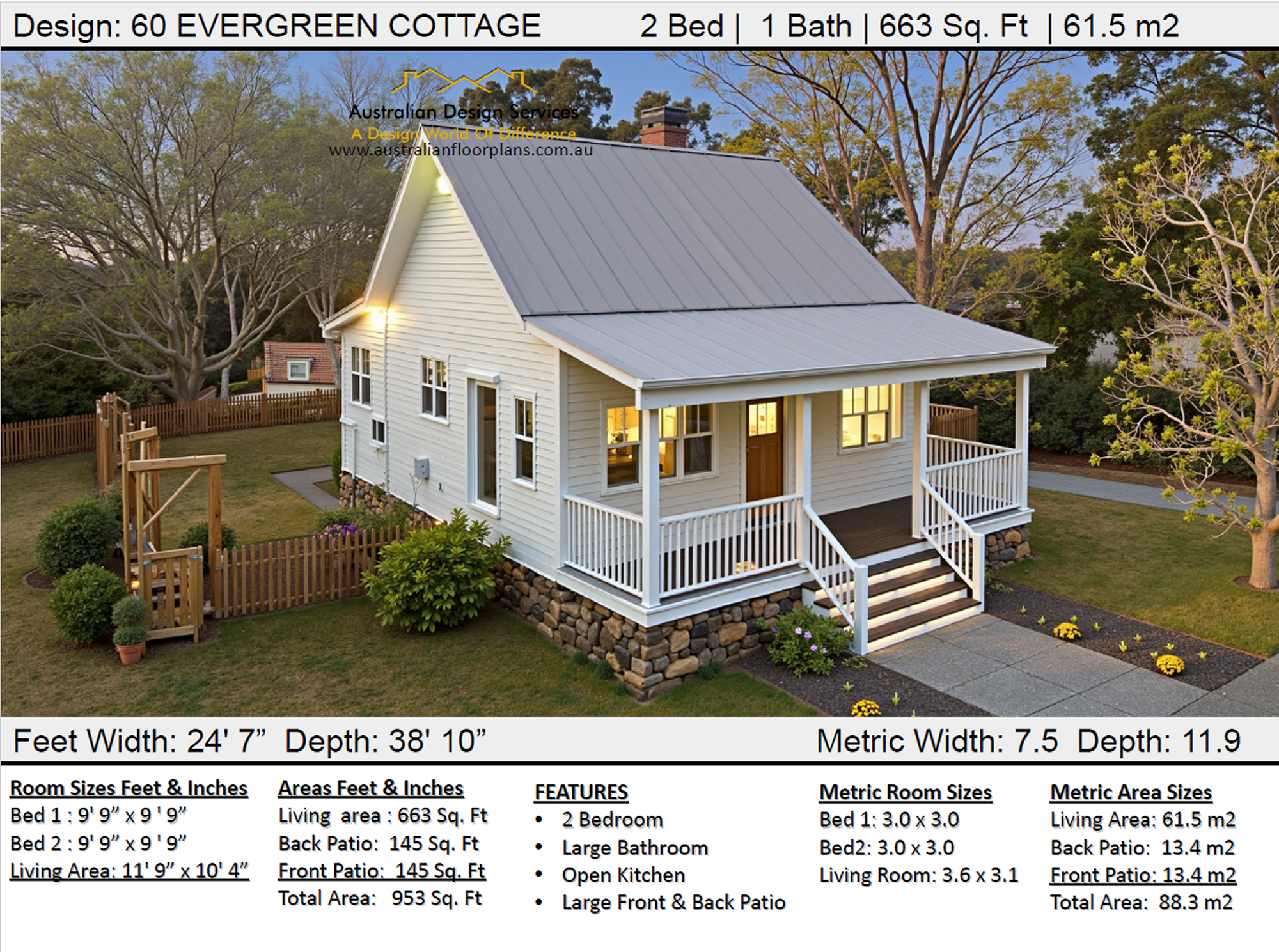 61.5 m2 | 663 Sq Ft | 2 Bed | 1 Bath | 60 Cottage Concept Plans