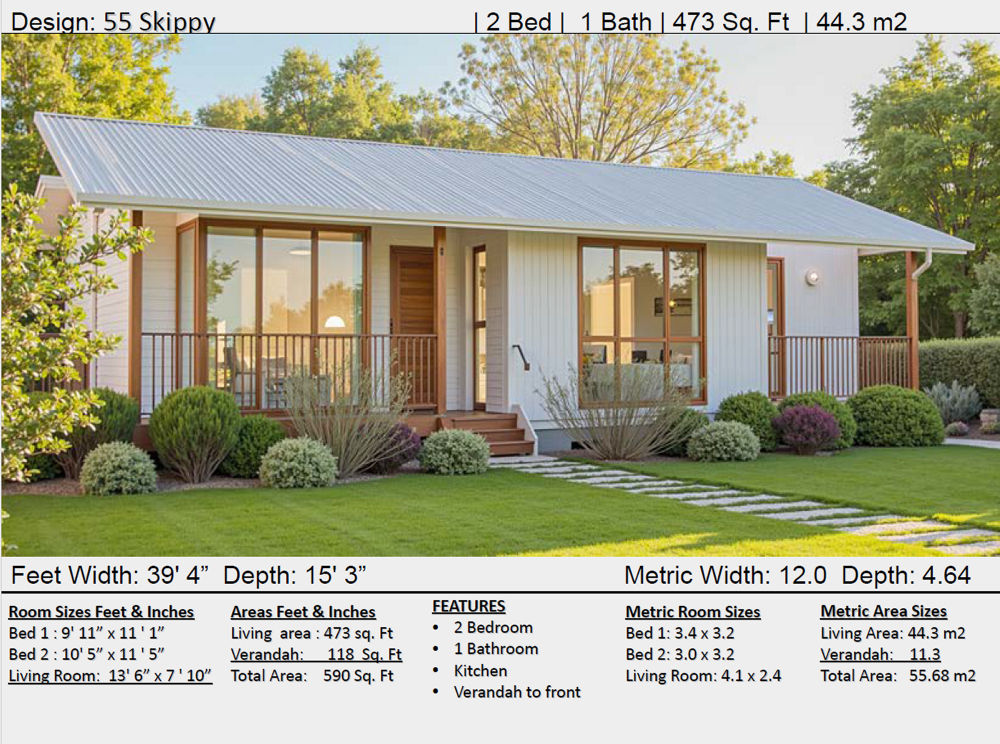 44.3 m2 | 473 Sq Ft | 2 Bed | 1 Bath | 55 Skippy-small home plan