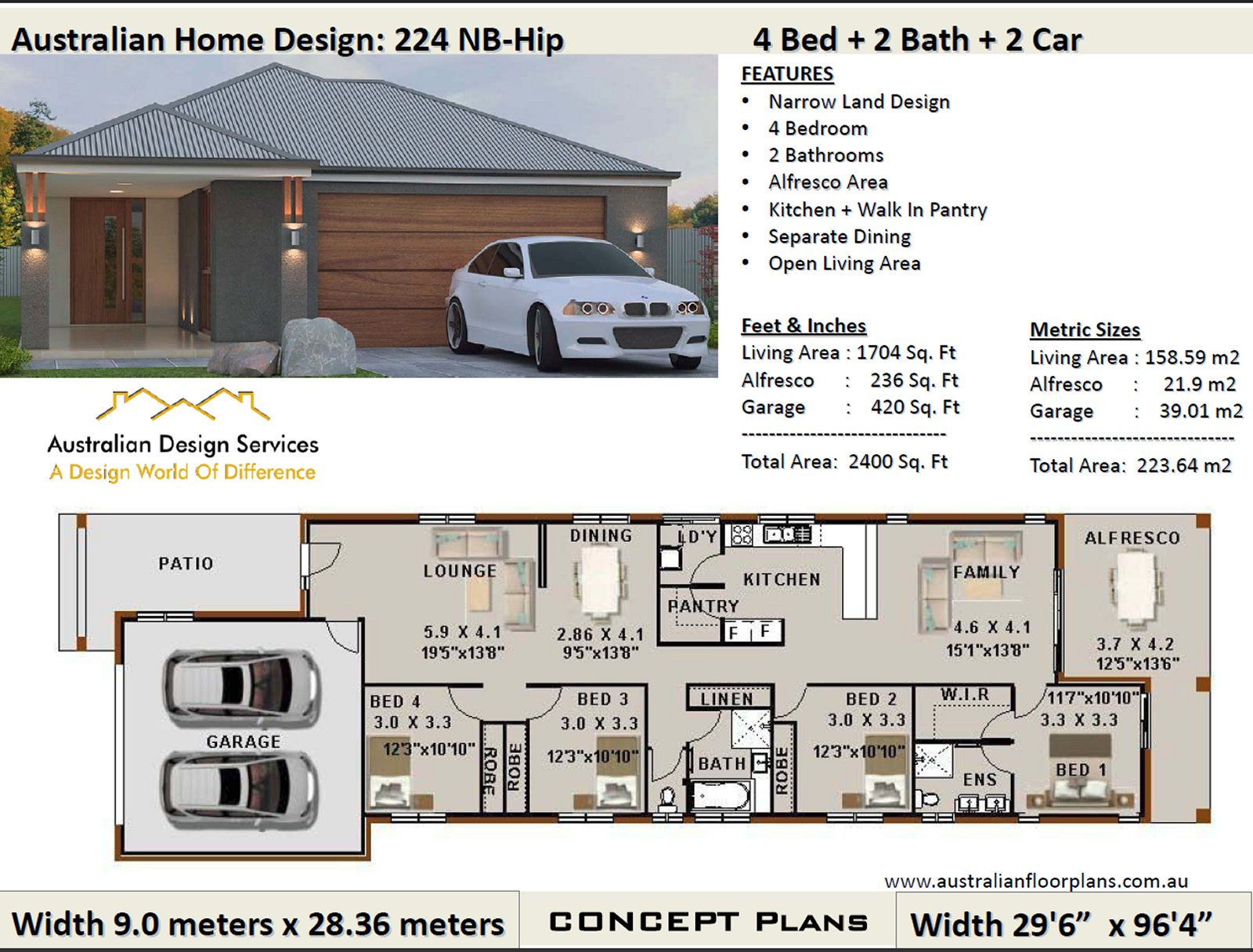 Narrow Lot 4 Bed + Garage: 223.0 m2 2400 Sq.Foot | 224Zero Hip