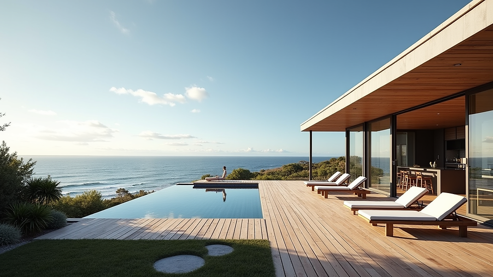 Wide angle view of modern Australian coastal home with timber deck and ocean view