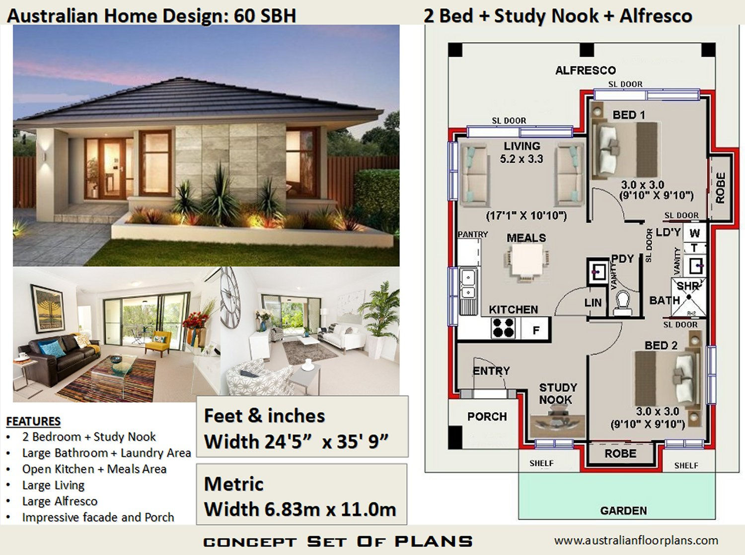 60SBH-2 Bed+Study Nook Granny Flat Plans: 63.4 m2 | Concept House Plans For Sale