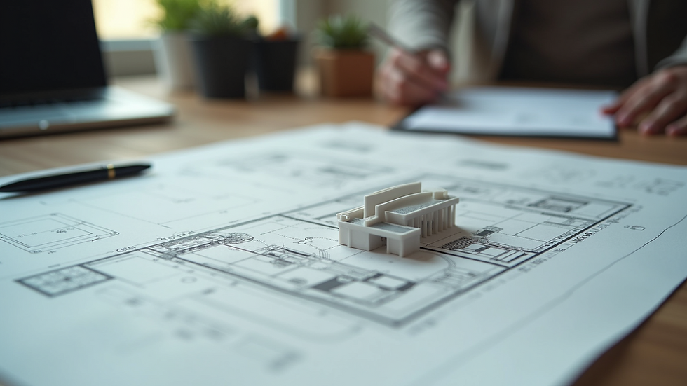 High angle view of blueprint and architectural model on a table