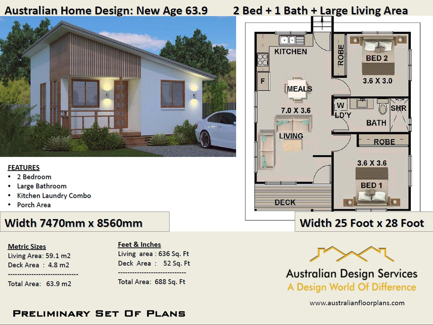 63.8 New Age | 2 Bed House Plan- 63.9 m2 | Preliminary House Plan Set-4 Sale